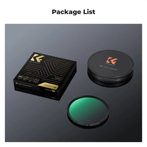 Shatterproof Pro-Grade MCUV Lens Protection Filter With 28 Multi-Layer Coatings shown with packaging and case on black background
