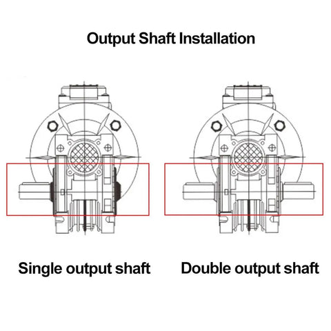 Output shaft installation diagram showing single and double output shafts for Top Shelf Worm Gearbox Output Shaft Compatible With NMRV030 And NMRV040 Worm Reducers.