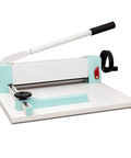 Heavy Duty Guillotine Paper Cutter For 1 Inch Thick Stacks With Easy Operation And Precision Alignment Boss Level Cuts For Scrapbooking Card Making And Crafting Projects At Home Or In The Office, side view showing cutting mechanism.