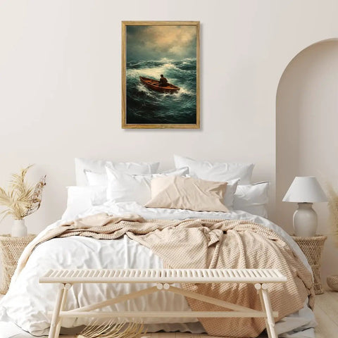 Framed Stormy Ocean Rowing Poster Canvas Print Art Vintage Contemporary Wall Decor for Living Room with bold coastal vibe