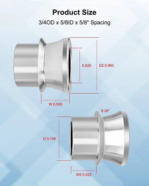 4 Pack High Misalignment Spacers 3/4 To 5/8 Inch Heims For Rod Ends, Standard Ball Width, Heavy Duty Carbon Steel, Heat Treated, size diagram showing 3/4OD x 5/8ID