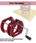 Stainless Steel Router Lift And Table Insert Plate Featuring Rock Solid Four Jaw Clamping Plus Quick Spin Crank Handle for firm clamping.