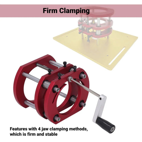Stainless Steel Router Lift And Table Insert Plate Featuring Rock Solid Four Jaw Clamping Plus Quick Spin Crank Handle for firm clamping.