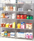 Metal shelving unit stocked with assorted groceries and containers, including jars, bottles, and cans, on a gray background.