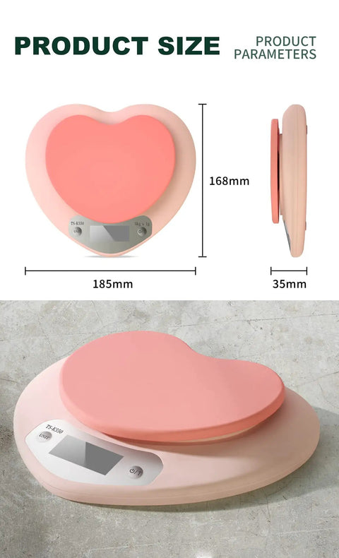 Pink Kitchen Scale With Large LCD Display And Tare Function 11 Lb Capacity 0.03 Oz Graduation, heart-shaped design, product size