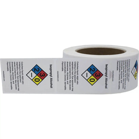 Top-Shelf Isopropyl Alcohol NFPA Chemical Hazard Warning Labels, Heavy-Duty 2x3 Inch Rectangle Stickers on a roll.