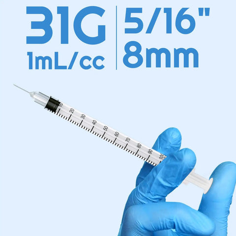 Disposable 31G U-100 Syringes 1ml Capacity 5/16 Inch Tip 30 Pack Leak-Proof Clear U-100 Markings Lab-Grade Plastic Single-Use Medical and Research Syringes for Lab Use, held with gloves