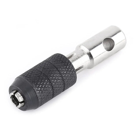 Close-up of a metal drill chuck adapter from the Tap Wrench And Drill Bit Set 9 Piece T Shaped Kit With 4 Taps And 4 Drill Bits Imperial Tools Threading Kit For Metalworking Easy And Precise Thread Cutting Hand Tool Set For Taps And Dies.