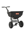 85 Lb Heavy Duty Push Lawn Spreader Pro with 10 ft spread width and smooth pneumatic tires, visible side angle
