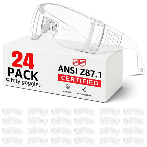 Over Eyeglasses Safety Goggles 24 Pack ANSI Z87.1 Certified Anti Fog Anti Scratch Lab Safety Glasses packaging.