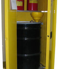 Hardcore 60 Gallon Flammable Storage Cabinet For Hazardous Waste With Self Latching Doors And Beefier Shelf Fm Approved Osha Compliant Metallic Yellow Exterior interior view with black waste drum and red safety containers.