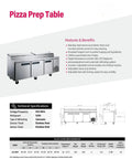 Built Tough Commercial Pizza Prep Table Refrigerator, 90 Inch Stainless Steel Workcounter, ETL Certified, detailed specifications and features.