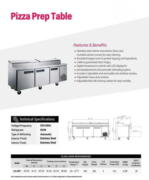 Built Tough Commercial Pizza Prep Table Refrigerator, 90 Inch Stainless Steel Workcounter, ETL Certified, detailed specifications and features.