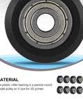 Close-up of Top Notch V Shape Groove Plastic Bearing Pulleys for 3D Printer Rollers 5mm Bore 10 Pack showing passive wheel design