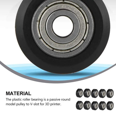 Close-up of Top Notch V Shape Groove Plastic Bearing Pulleys for 3D Printer Rollers 5mm Bore 10 Pack showing passive wheel design