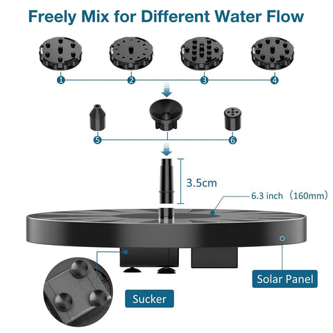 Two And A Half Watt Solar Fountain Pump With Six Nozzles Six To Seven Inch Solar Powered Water Fountain For Bird Bath Garden Ponds Pool