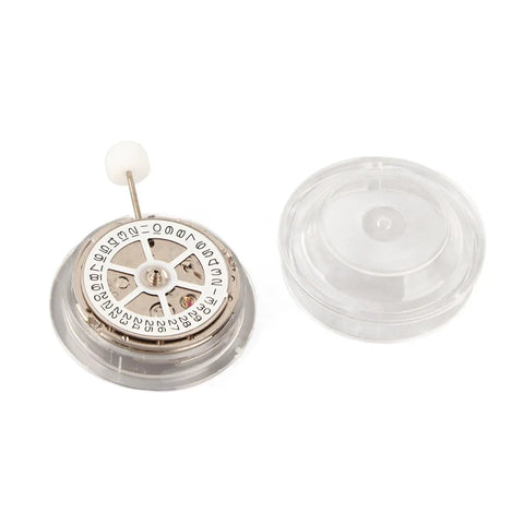 Automatic Watch Movement With Date Display Replacement For Professional Watch Repair And DIYers, shown with plastic case and metal parts