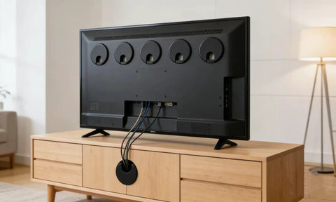 Premium Desktop Grommet Covers Slick Cable Organizers Hella Tough ABS Plastic Wire Routing Kit For Working From Home Office Setup No Mess Cord Management 5 Pack Black Two Point Five Inch Opening Sweet Fit Design, showing TV with cables organized through grommet.