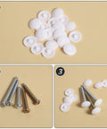 Collage of 150 pieces white waterproof self tapping screw cap covers with screws, 12mm diameter for 7-8mm screws, decorative use.