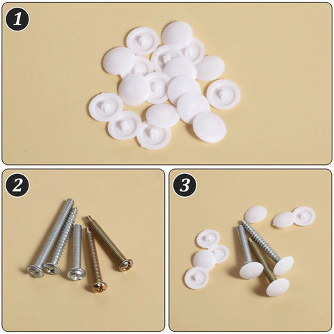 Collage of 150 pieces white waterproof self tapping screw cap covers with screws, 12mm diameter for 7-8mm screws, decorative use.
