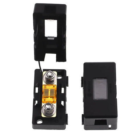Built Like A Tank 20A AMI Midi Fuse Holder With Bolt On Mounting And Splash Proof Zinc Terminals For Cars Trucks And Rvs Pack Of Two, showing two fuse holders with a yellow fuse.
