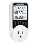 Outlet Watt Meter 90-250V Range Real Time Power Monitor For Home Use Tracks Watts Volts Amps Hz And Power Factor Records Max Min Power Cumulative Time And Energy In kWh No Brainer Automatic Cost Calculator For Easy Energy Savings. White plug-in watt meter with LCD cost and kWh display