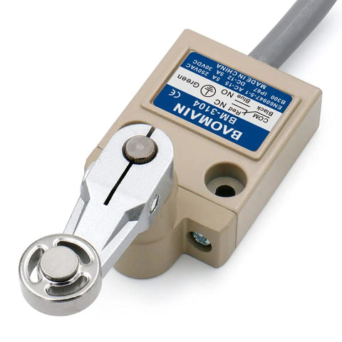 Image of waterproof SPDT micro switch with side roller plunger, sealed IP67 housing, and 3-meter pre-wired cable for CNC industrial control.