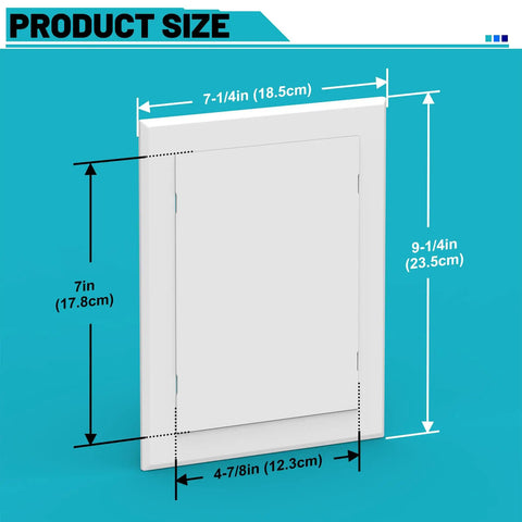Quick Peel Stick Access Panel Four By Seven Inches Slick Heavy Duty Abs Drywall Cover dimensions shown on blue background