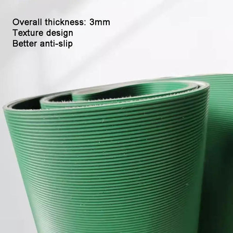 Green lightweight PVC flat conveyor belt with 3mm thickness, textured for anti-slip, ideal for industrial transport and packaging.