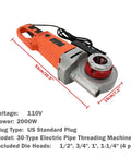 Jaryannix 2000W Portable Electric Pipe Threader With Pure Copper Motor showing red die head and orange handle.