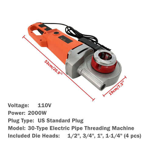Jaryannix 2000W Portable Electric Pipe Threader With Pure Copper Motor showing red die head and orange handle.
