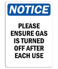 Vinyl Stickers Bundle Safety and Warning Signs and Warehouse Notice Please Ensure Gas Is Turned Off After Each Use Sign Three Pack 3.5 by 5 Inches Self Adhesive Durable Easy Peel, front view