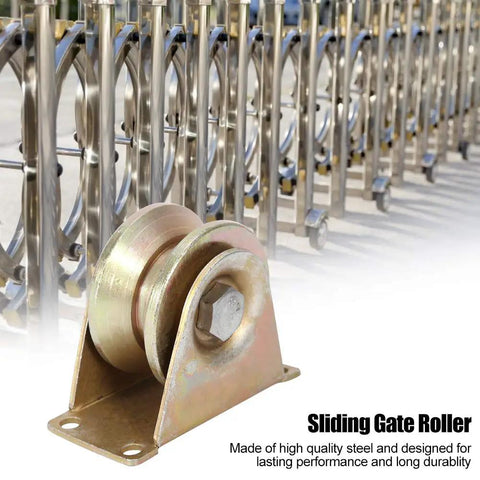 Professional Grade Kickass Heavy Duty V Groove Wheels For Sliding Gates And Patio Doors 2 Pack 60 Millimeter Steel Casters With Mounting Brackets All Weather Smooth Roll Rig Built Tough - close-up of a steel sliding gate roller.