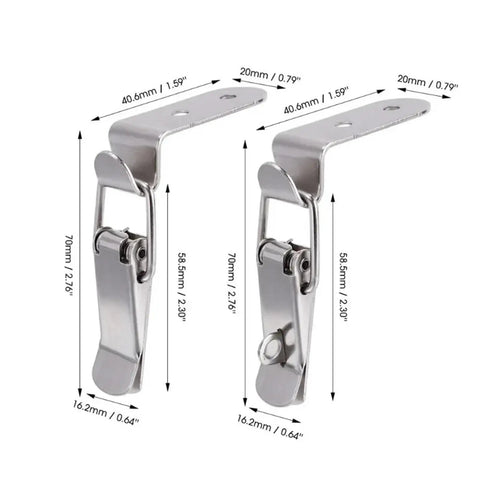 Heavy Duty Duck Mouth Buckle Hook Set for Cabinets and Wooden Boxes, metal spring hasps with dimensions shown.