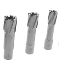 Tungsten carbide annular cutter kit featuring six pieces for steel cutting with various diameters and design for magnetic drill press.