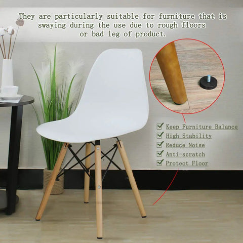 Adjustable M8 Leveling Feet for Furniture Legs, 40mm Base Floor Protectors, Height Adjustment 9 to 24mm, shown under a chair