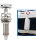 Marine mud-guard cleat hardware, 304 stainless steel, retractable; shown unmounted bolt and boat-mounted cleat.