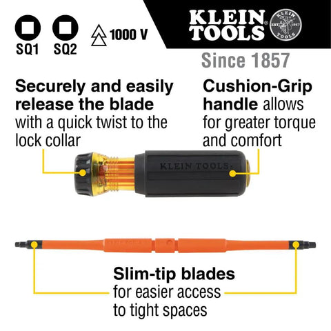 Pro Grade Dope Insulated Screwdriver Set With Flip Blade For Square Tips Number One And Number Two Double Ended Blades 1000 Volt Rating