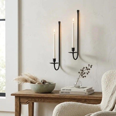 Super Rock Solid Iron Wall Candle Sconces Set Of Two Matte Black Metal hanging mount with candles, 16.5 inches, farmhouse decor.