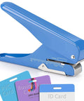 Handheld Badge Slot Punch for PVC ID Cards, Business Cards, Name Tags, and Luggage Tags - 19/32 by 5/32 Inch Hole, blue metal tool