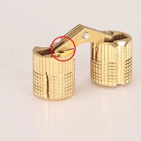 Close-up of Hidden Barrel Hinges Set, 10mm Brass Concealed Furniture Hinges, 180 Degree Opening with zinc alloy, gold finish