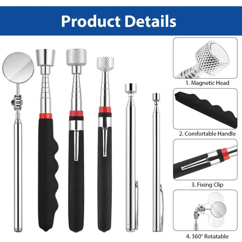 Product details of Six Piece Telescopic Magnetic Pick Up Tool Set With Non Slip Handles showing extendable wands for grabbing small metal parts.