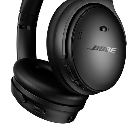 Wireless Bluetooth Over Ear Headphones With Active Noise Cancellation Built In Microphone USB C Charging Deep Bass Up To 24 Hours Of Playtime Plush Comfort Earcups Black close-up view