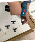 10 Pack Concealed Push On Corner Connectors For Wooden Furniture And Cabinets Quick Snap Install Right Angle Joint Brackets With Screws being installed with a drill.