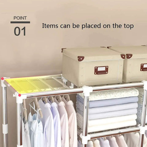 Heavy Duty Portable Wardrobe Closet Steel Pipe Frame And No Sweat Assembly Garment Storage Rack For Bedroom Clothes Shoes Hats Built Tough To Last with items on top and shelves of folded clothes.