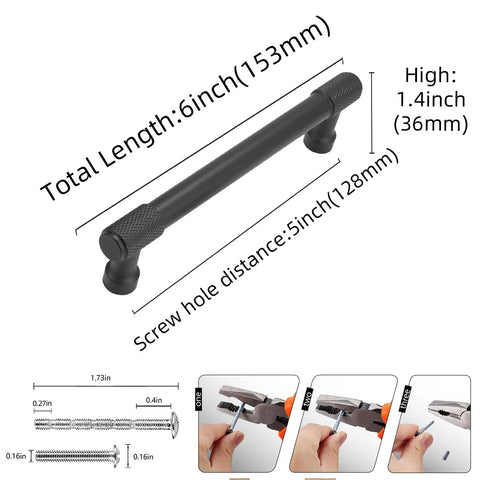 10 Pack Five Inch Matte Black Cabinet Handles Knurled Drawer Pulls shown with dimensions and installation guide