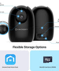 1080P WiFi Indoor Security Camera With Pan Tilt Zoom AI Human And Pet Detection Night Vision Nanny Cam back and front view.