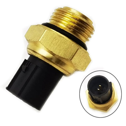 DEVMO coolant water temperature sensor, side view showing brass threaded body, black plastic connector and O-ring