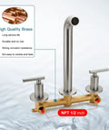 Wall Mount Tub Filler With Two-Handle Roman Tub Faucet, Long Reach Spout, Solid Brass, Brushed Nickel Finish, NPT 1/2 inch detail
