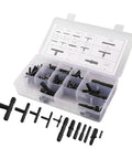 113 Piece Hose Connector Kit With Reducers, Straight Fittings And T Connectors in plastic box for plumbing repairs, black
